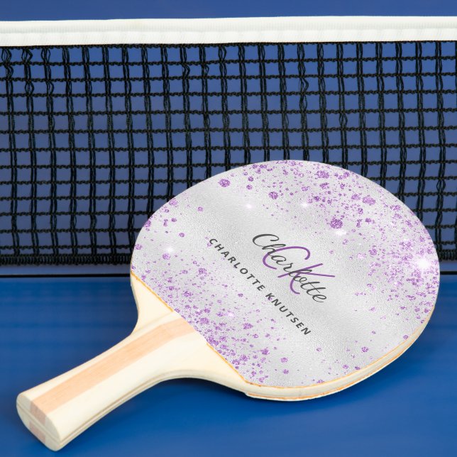 Silver lavender glitter monogram name ping pong paddle (Insitu)