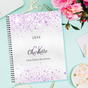 Silver lavender glitter name monogram notebook