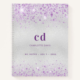 Silver lavender glitter name monogram notebook