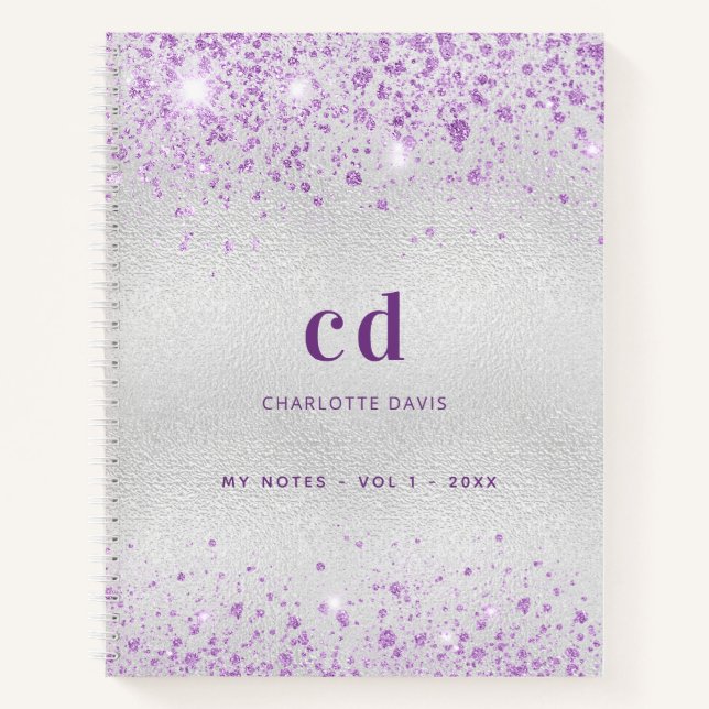 Silver lavender glitter name monogram notebook (Front)
