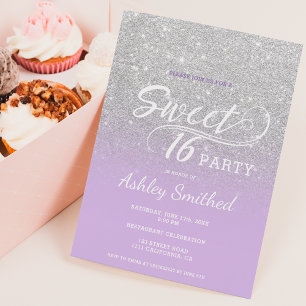 Silver lavender glitter ombre purple Sweet 16 Invitation