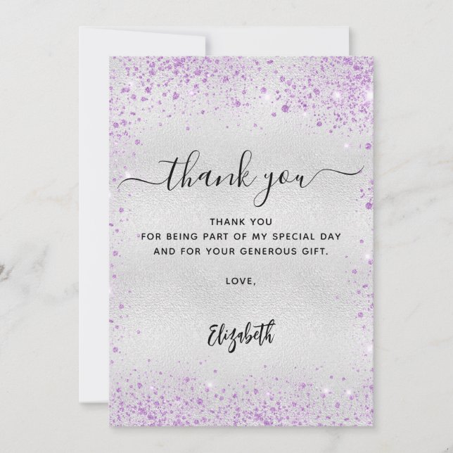 Silver lavender glitter thank you card (Front)