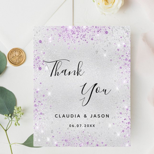 Silver lavender glitter wedding thank you card (Creator Uploaded)