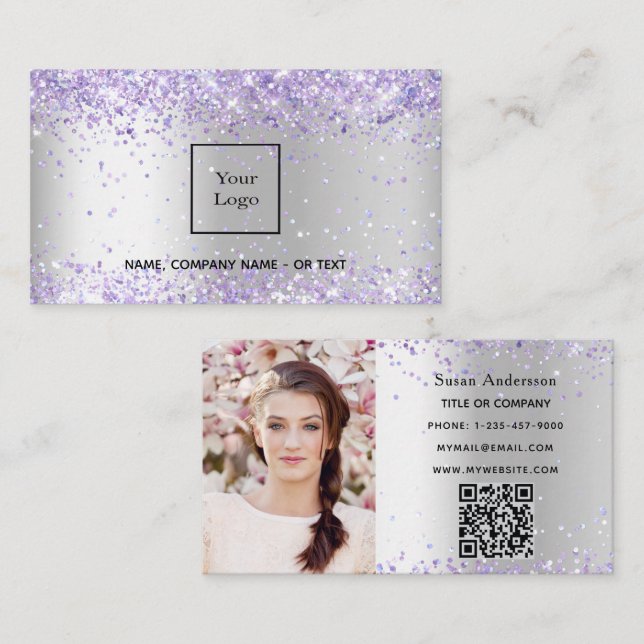 Silver lavender photo QR code beauty salon Business Card (Front/Back)
