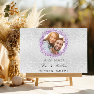 Silver lavender photo sparkles elegant wedding guest book
