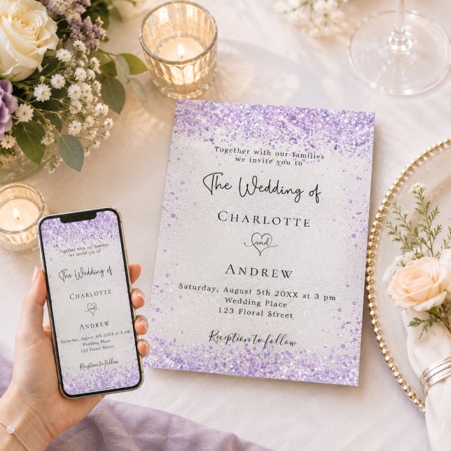 Silver lavender violet elegant wedding invitation (Creator Uploaded)