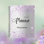Silver lavender violet glitter name 2025 planner<br><div class="desc">A faux silver looking background decorated with purple,  violet faux glitter dust.  Personalise and add a name and year.</div>