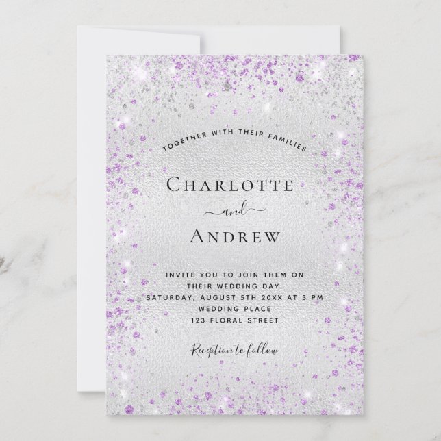 Silver lavender wedding invitation (Front)