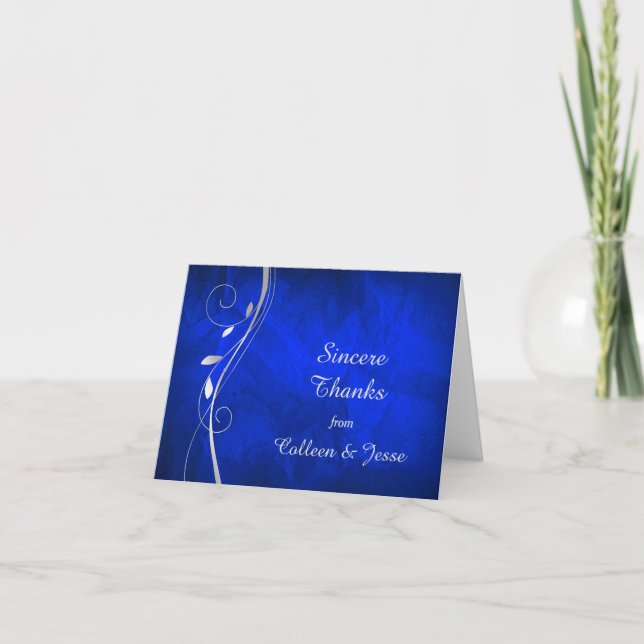 Silver Leaf Bright Blue Wedding Thank You Card (Front)