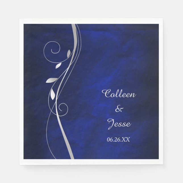 Silver Leaf Swirl Blue Wedding Napkins (Front)