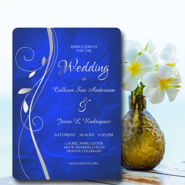 Silver Leaf Swirl Bright Blue Wedding Invitation (Creator Uploaded)