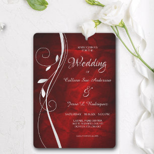 Silver Leaf Swirl Deep Red Wedding Invitation