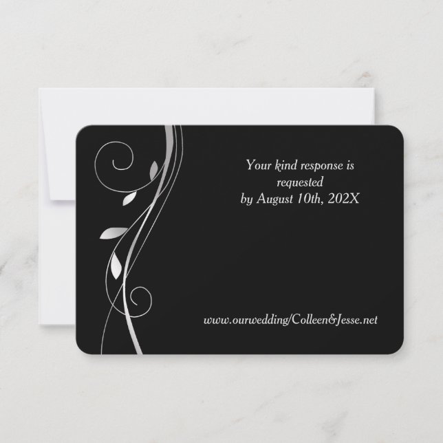 Silver Leaf Swirl Elegant Black Wedding RSVP Card (Front)