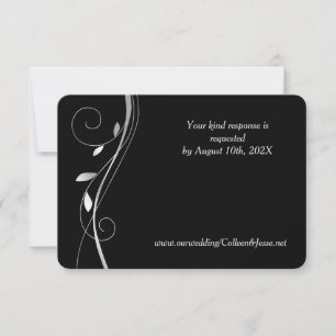 Silver Leaf Swirl Elegant Black Wedding RSVP Card
