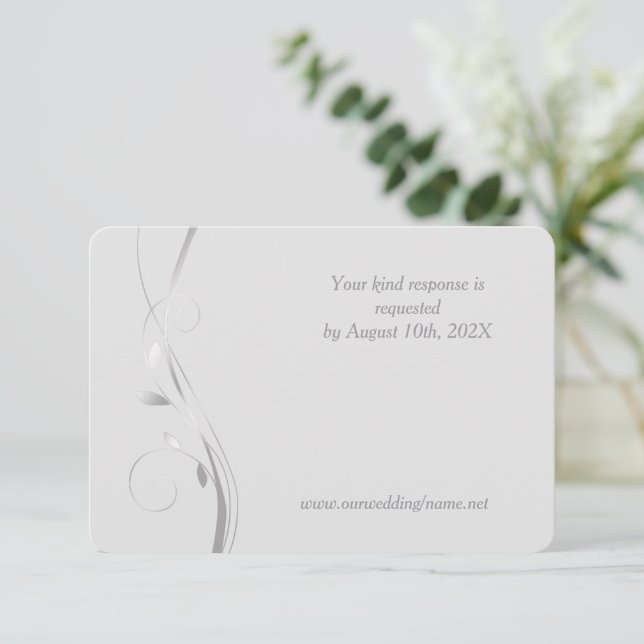 Silver Leaf Swirl Pale Grey Wedding RSVP Card (Standing Front)