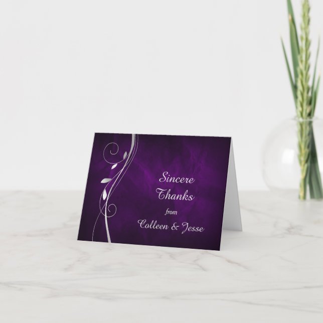 Silver Leaf Swirl Purple Wedding Thank You Card (Front)