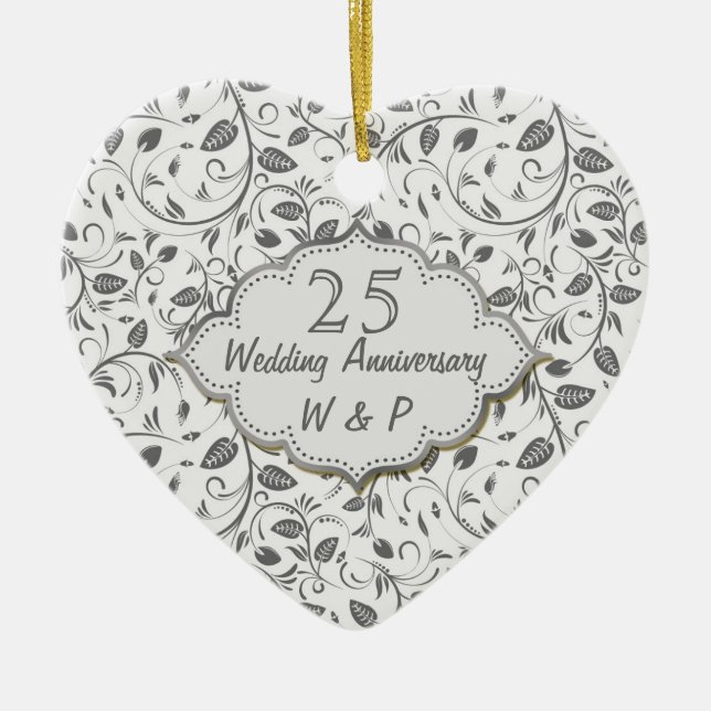 Silver leaves 25th Wedding Anniversary Ceramic Tree Decoration (Front)