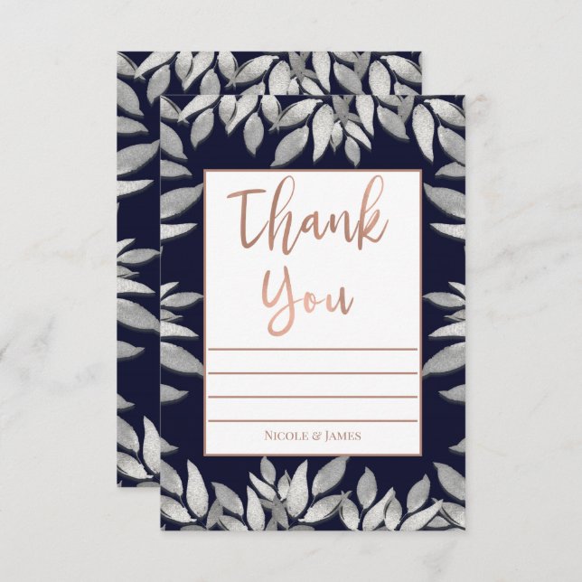 Silver Leaves Botanical Glam Blue Pink Thank You Invitation (Front/Back)