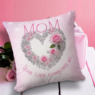 Silver Leaves Heart and Pink Rose Mum Cushion