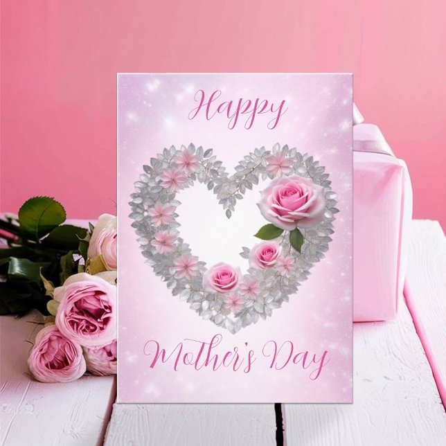 Silver Leaves Heart Pink Rose Happy Mother's Day Card (Creator Uploaded)