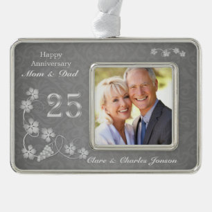 Silver leaves on grey 25th Wedding Anniversary Plated Framed Ornament