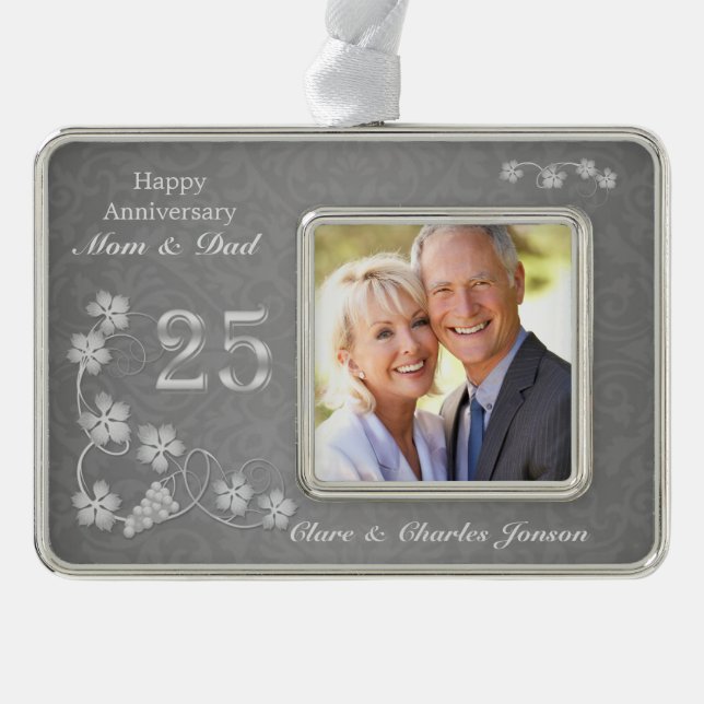 Silver leaves on grey 25th Wedding Anniversary Plated Framed Ornament (Front)