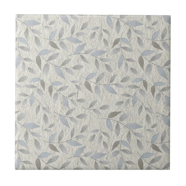 Silver Leaves on Grey Texture Print Ceramic Tile (Front)