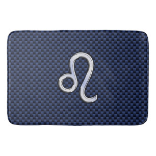 Silver Leo Symbol on Navy Blue Carbon Fibre Print Bath Mat