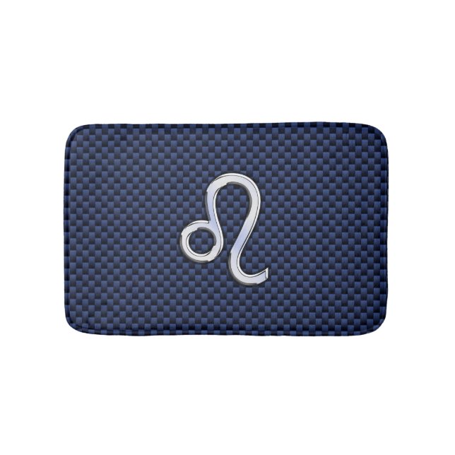 Silver Leo Symbol on Navy Blue Carbon Fibre Print Bath Mat (Front)