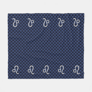 Silver Leo Symbol on Navy Blue Carbon Fibre Print Fleece Blanket