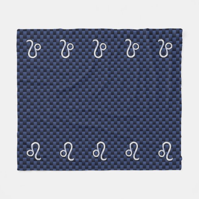 Silver Leo Symbol on Navy Blue Carbon Fibre Print Fleece Blanket (Front (Horizontal))