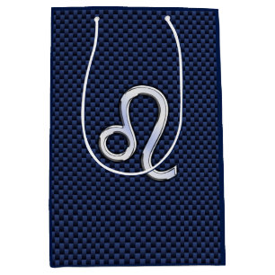 Silver Leo Symbol on Navy Blue Carbon Fibre Print Medium Gift Bag