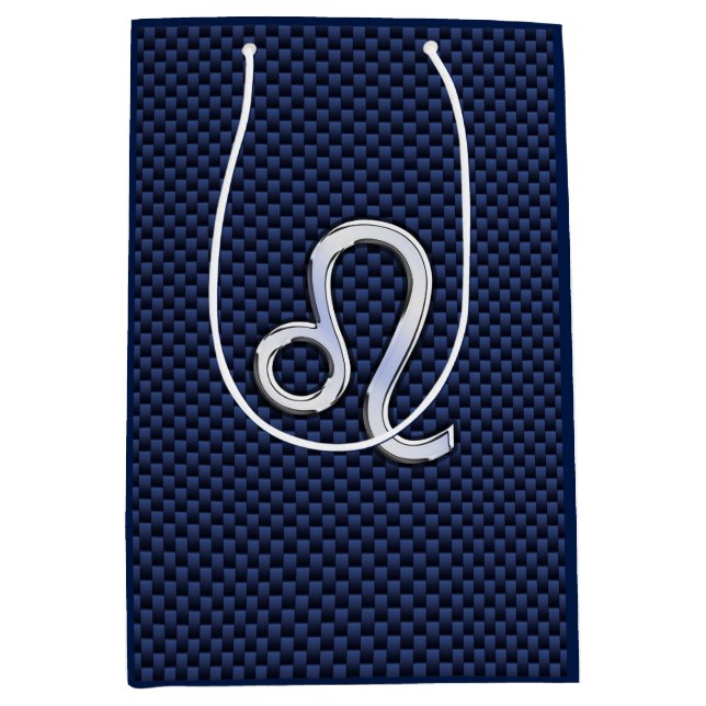 Silver Leo Symbol on Navy Blue Carbon Fibre Print Medium Gift Bag (Front)