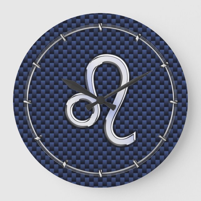 Silver Leo Zodiac Symbol Navy Carbon Fiber Print Large Clock (Front)