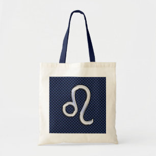 Silver Leo Zodiac Symbol Navy Carbon Fibre Print Tote Bag