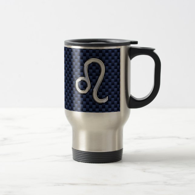Silver Leo Zodiac Symbol Navy Carbon Fibre Print Travel Mug (Right)