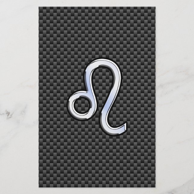 Silver Leo Zodiac Symbol on Carbon Fibre Print Stationery (Front)