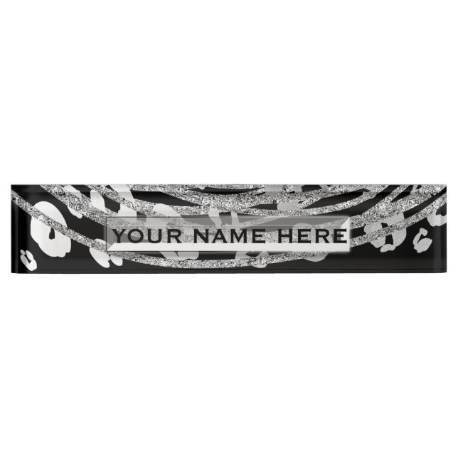 Silver Leopard Cheetah Trendy Glam Personalised Nameplate (Front)