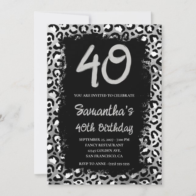 Silver Leopard Painted Black 40th Birthday Invitation (Front)
