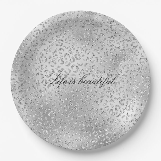 Silver Leopard Print Luxe Glitter     Paper Plate (Front)