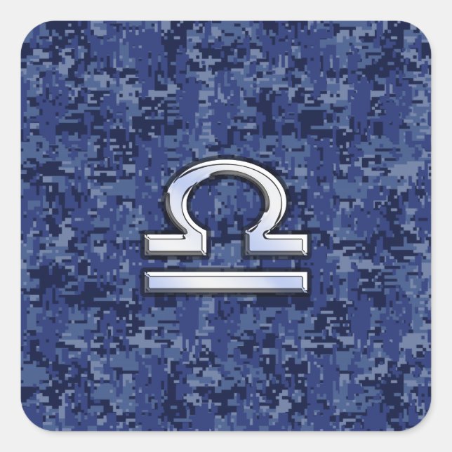 Silver Libra Zodiac Sign on blue digital camo Square Sticker (Front)