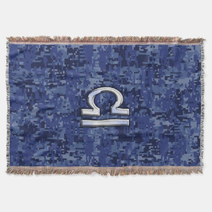 Silver Libra Zodiac Sign on blue digital camo Throw Blanket