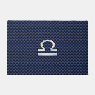 Silver Libra Zodiac Symbol Navy Blue Carbon Fibre Doormat