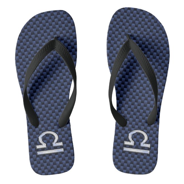 Silver Libra Zodiac Symbol Navy Blue Carbon Fibre Jandals (Footbed)