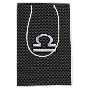 Silver Libra Zodiac Symbol on Carbon Fibre Print Medium Gift Bag