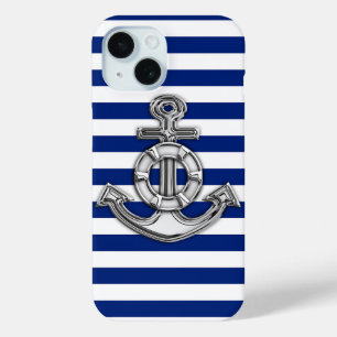 Silver Lifesaver on Nautical Stripes iPhone 15 Case