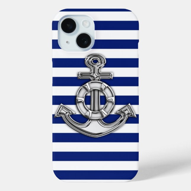 Silver Lifesaver on Nautical Stripes Case-Mate iPhone Case (Back)