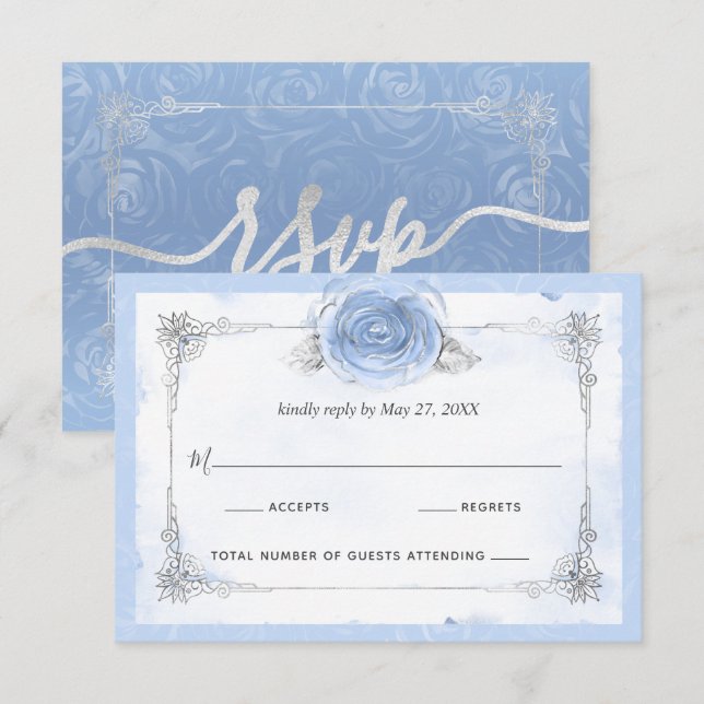 Silver Light Baby Blue Roses Elegant RSVP Card (Front/Back)