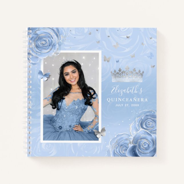 Silver Light Baby Blue Roses Quinceanera Guest Notebook (Front)