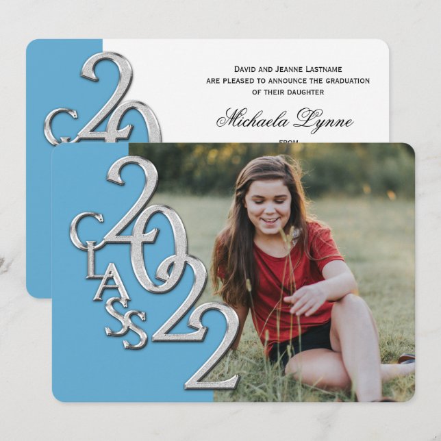 Silver Light Blue 2022 Photo Graduation Invitation (Front/Back)